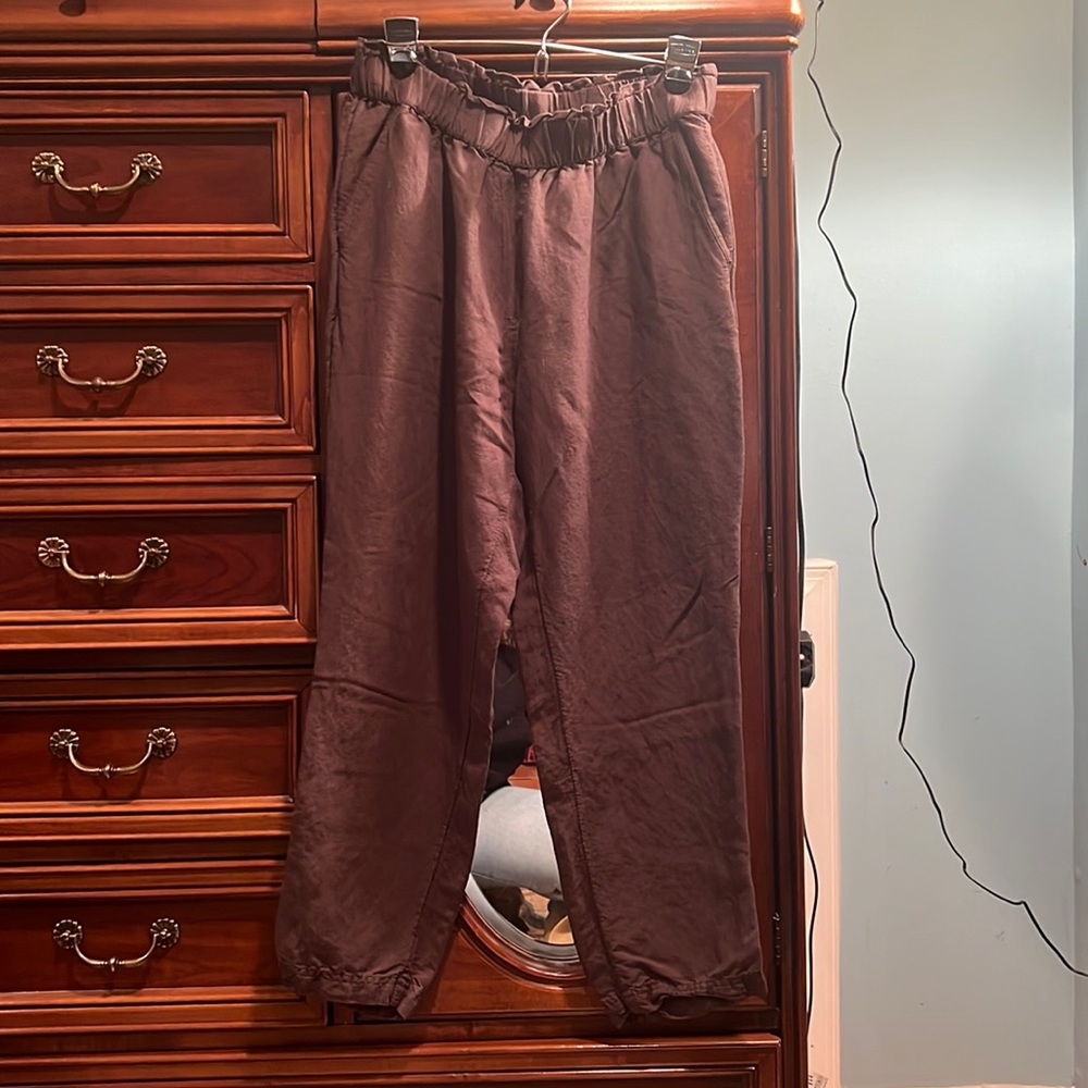 H&M linen blend chocolate brown high waist paper bag trouser sz 10